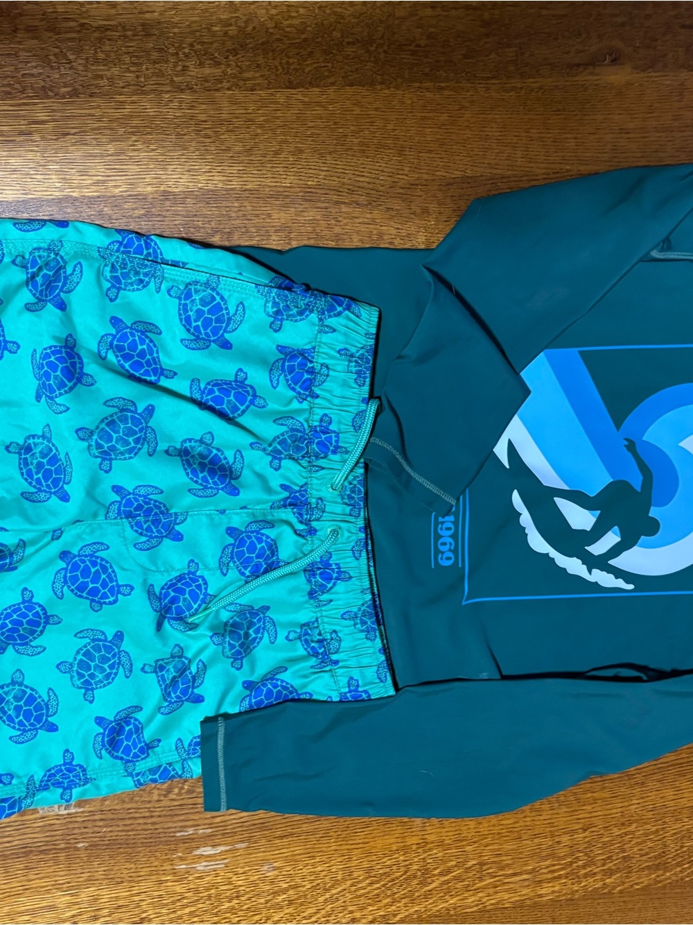 Youth Teal Turtle Swim Trunks and Teal Rash Guard Set